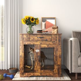 Furniture Style Dog Crate End Table with Drawer;  Pet Kennels with Double Doors;  Dog House Indoor Use; Rustic brown. - Rustic Brown