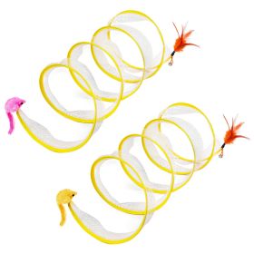 2Pcs Foldable Cat Tunnel with Bell Feather Mouse Toys Collapsible Indoor Cat Spring Tube with Interactive Toy for Kittens Cats - Yellow