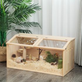 Middle Transparent Wooden Hamster Cage;  Small Animal Habitat Hutch for Large Siberian Hamster; Gerbils; Little Rabbits;  Natural - Natural